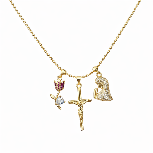 Collar cruz y Virgen con flor en acero dorado