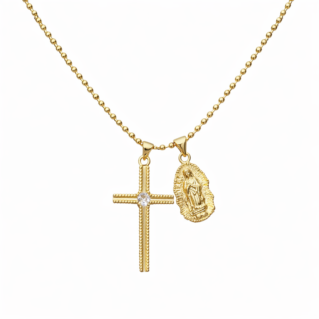 Necklace with cross and Virgin of Guadalupe in gold-plated steel 