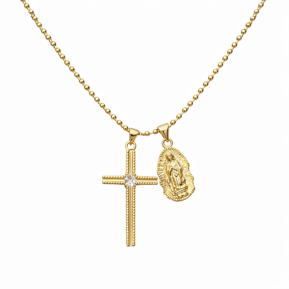 Necklace with cross and Virgin of Guadalupe in gold-plated steel 