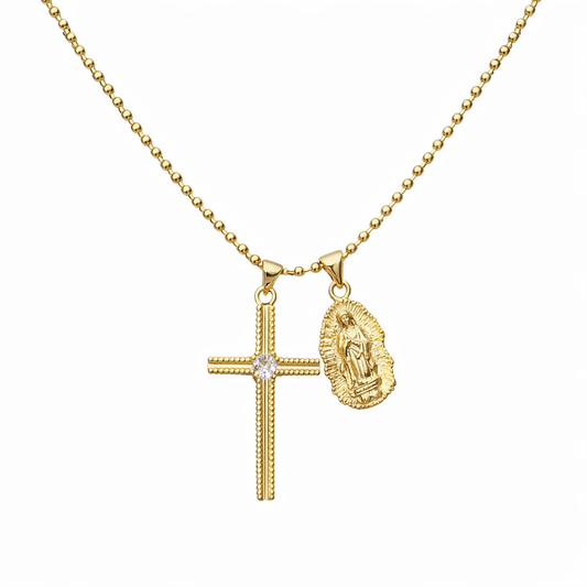 Collar cruz y Virgen de Guadalupe en acero dorado
