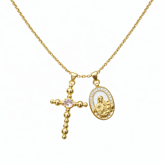 Collar cruz de cuentas con Virgen en acero dorado