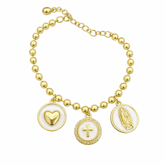 Gold religious bracelet with white religious charms