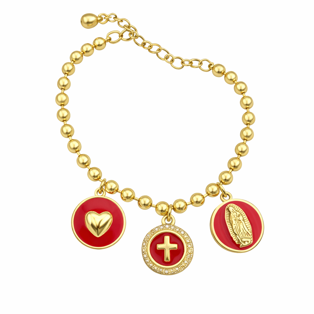 Red woven bracelet with gold pavé charm