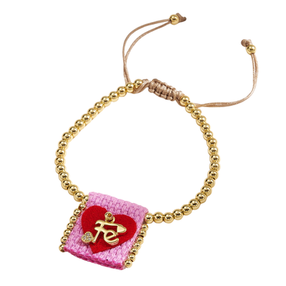 Brazalete ajustable con cuentas doradas y corazón Fe rosa