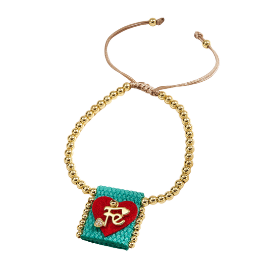 Adjustable bracelet with gold beads and green Faith heart