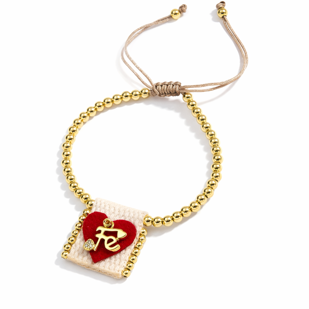 Brazalete ajustable con cuentas doradas y corazón Fe rojo con blanco
