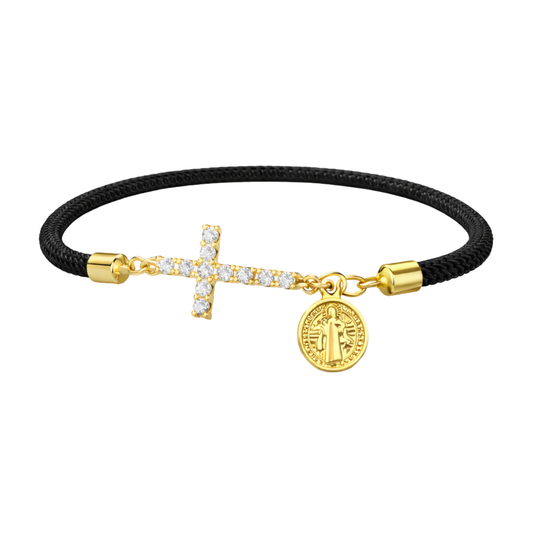 Black bracelet with a zirconia cross and a religious charm of Saint Benedict the Abbot