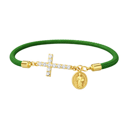 Green bracelet with a zirconia cross and a religious Saint Joseph charm