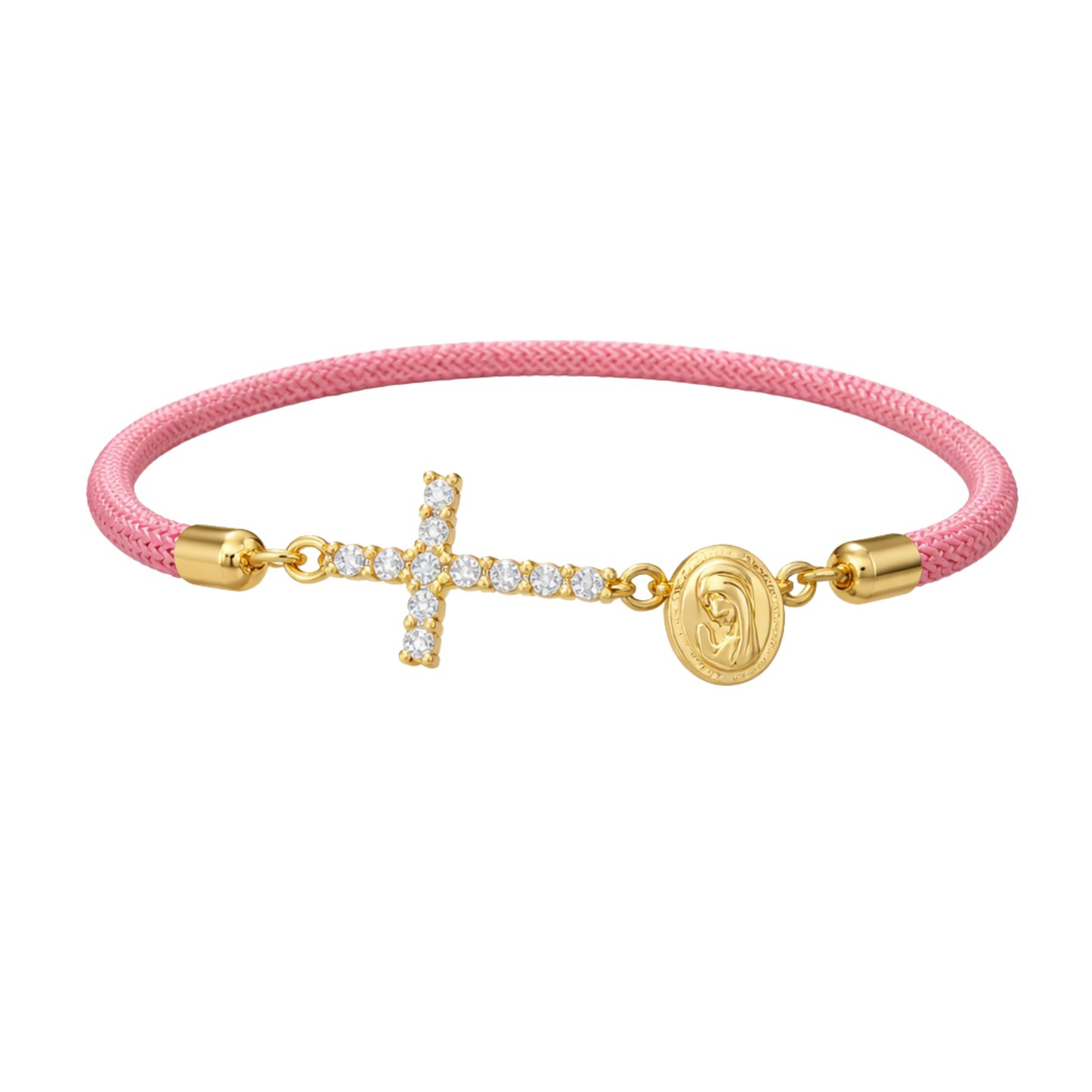 Pink bracelet with a zirconia cross and a religious Virgin Mary charm