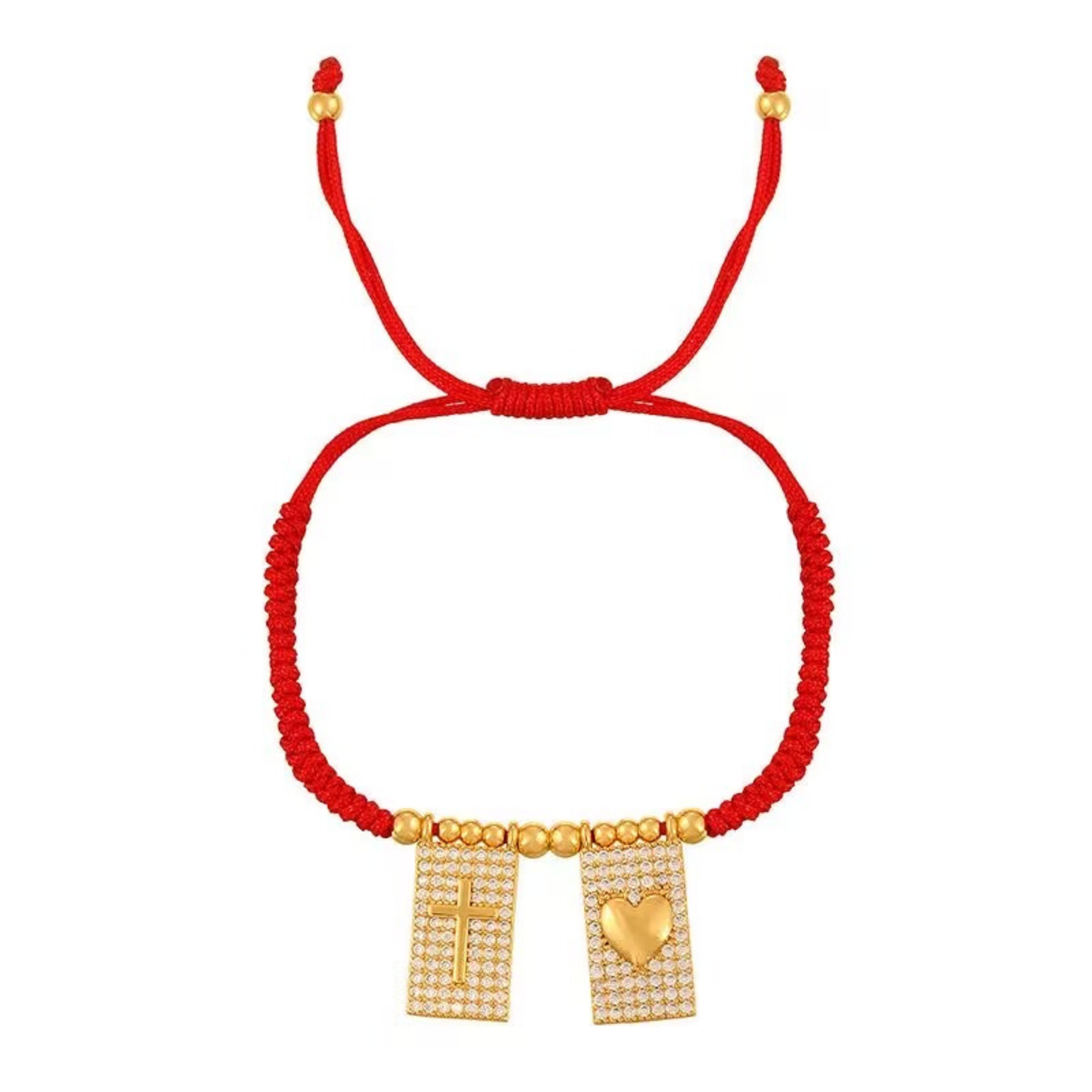 Brazalete rojo ajustable con cruz y corazón dorados