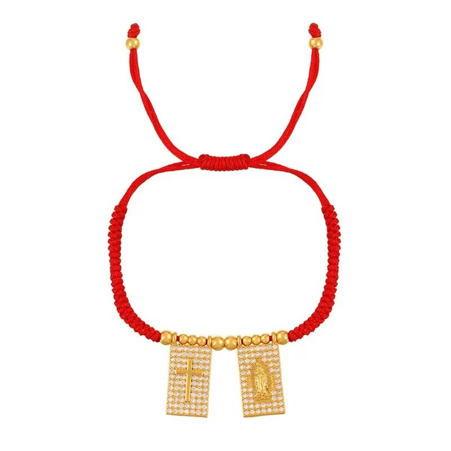 Brazalete rojo ajustable con cruz y Virgen doradas