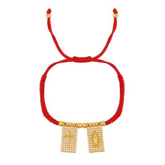 Adjustable red bracelet with gold cross and Virgin Mary