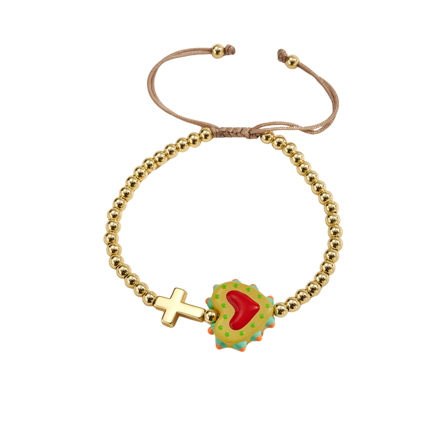 Adjustable bracelet with gold beads, cross and heart, enameled green with red