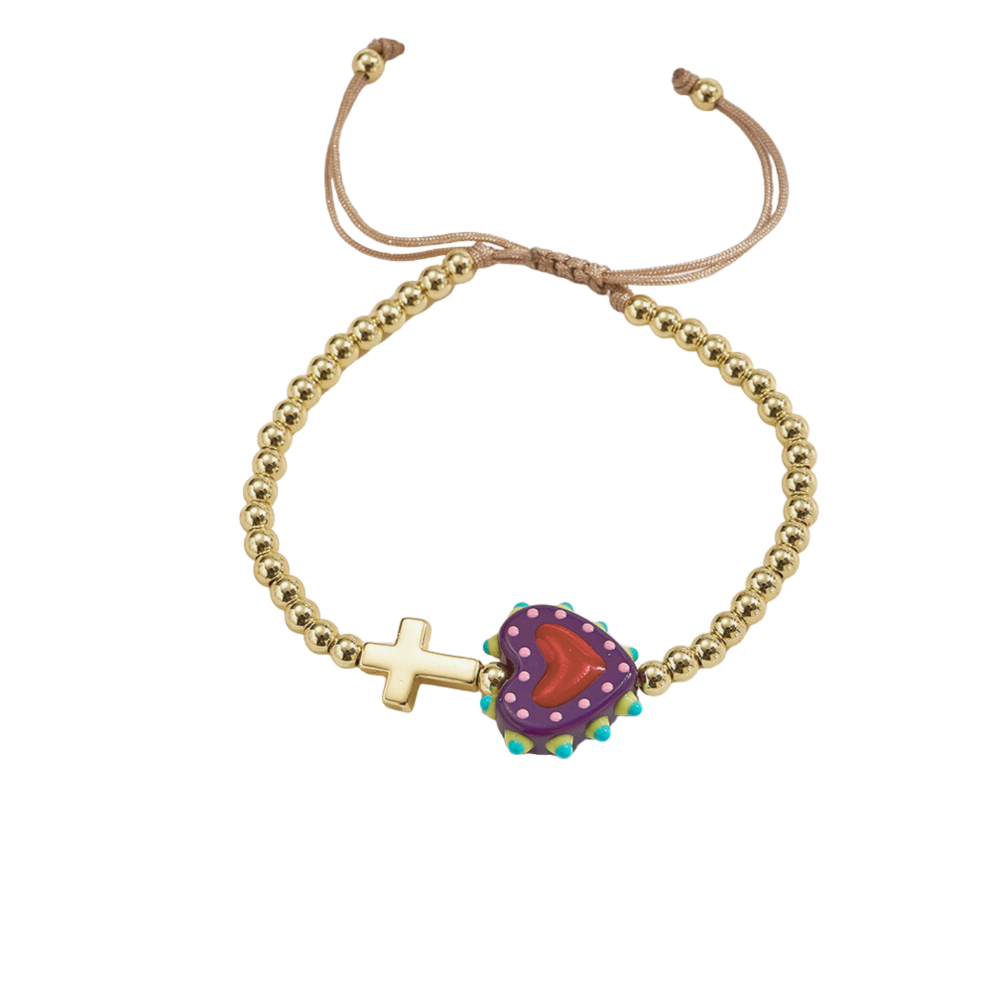 Adjustable bracelet with gold beads, cross and heart, enamelled purple and red