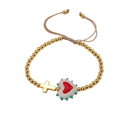 Adjustable bracelet with gold beads, cross and heart, enameled white with red