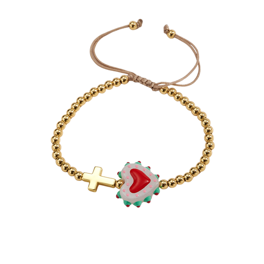 Adjustable bracelet with gold beads, cross and heart, enameled white with red