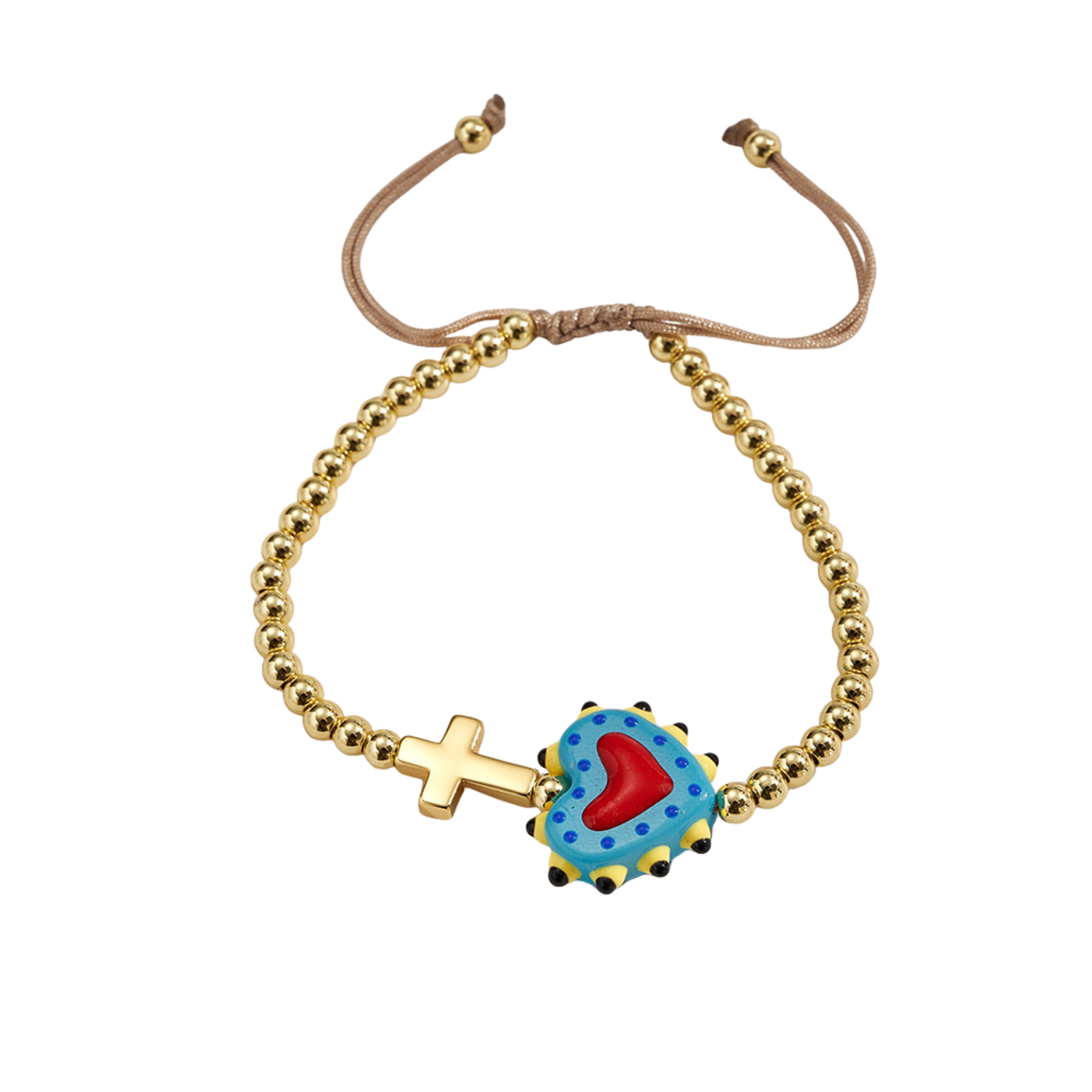 Adjustable bracelet with gold beads, cross and heart, enamelled blue with red