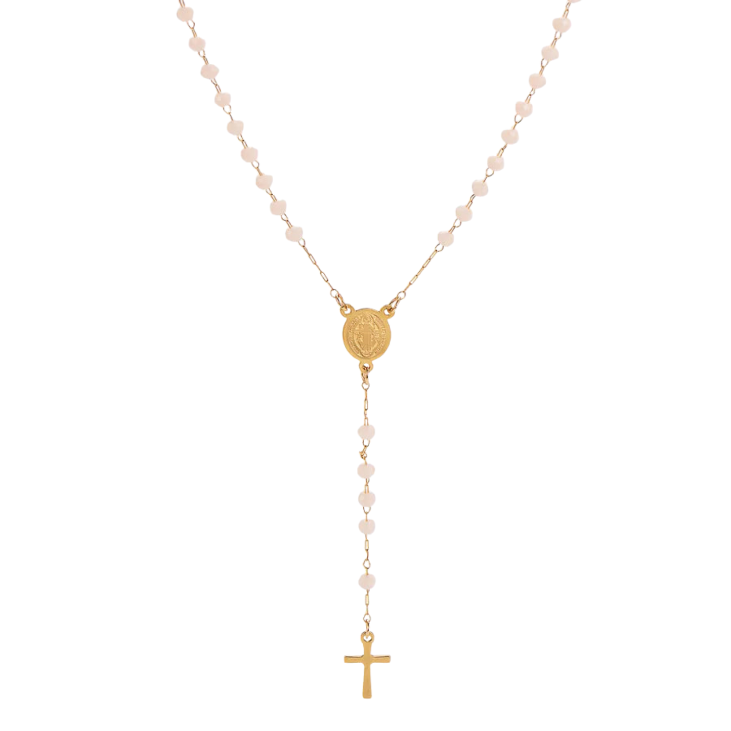 Rosario collar San Benito chapado en oro con cuentas rosadas lotus