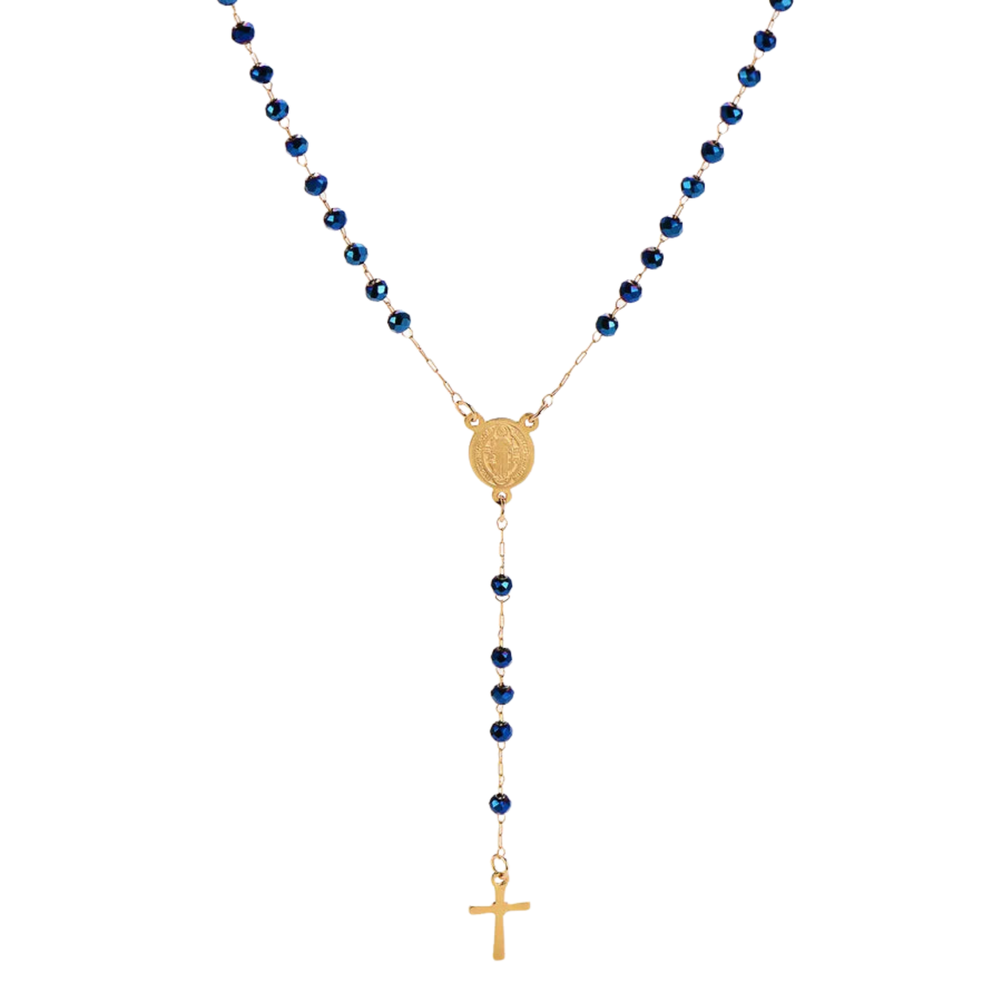 Rosario collar San Benito chapado en oro con cuentas azul retro