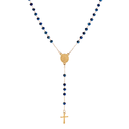 Rosario collar San Benito chapado en oro con cuentas azul retro