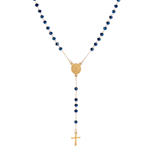 Rosario collar San Benito chapado en oro con cuentas azul retro