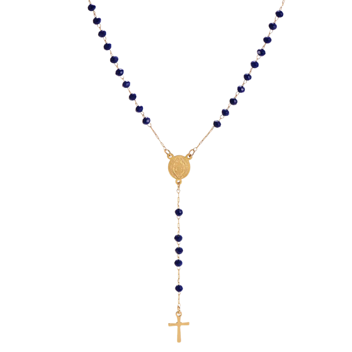 Rosario collar San Benito chapado en oro con cuentas azul dark