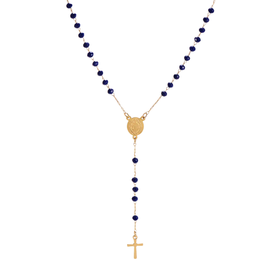 Rosario collar San Benito chapado en oro con cuentas azul dark