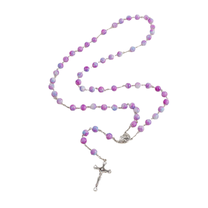 Collar Rosario Mate Lila y Rosa con Cruz Plateada