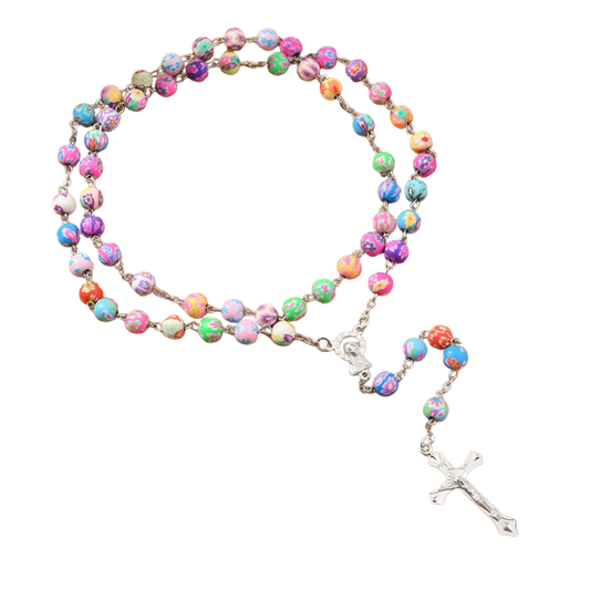 Collar Rosario de Resina Multicolor con Cruz Plateada