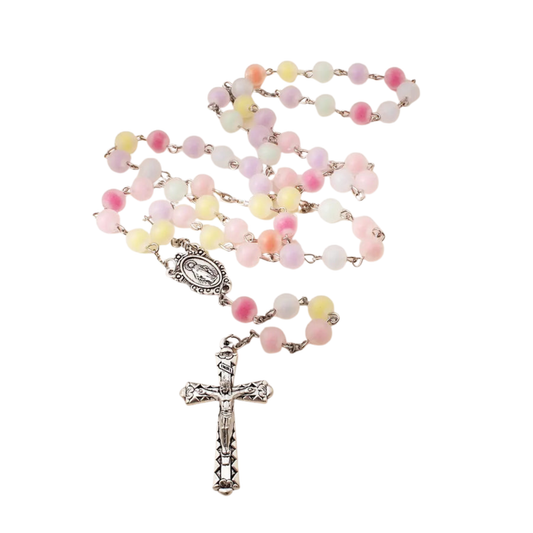 Collar Rosario Mate Multicolor Pastel con Cruz Plateada