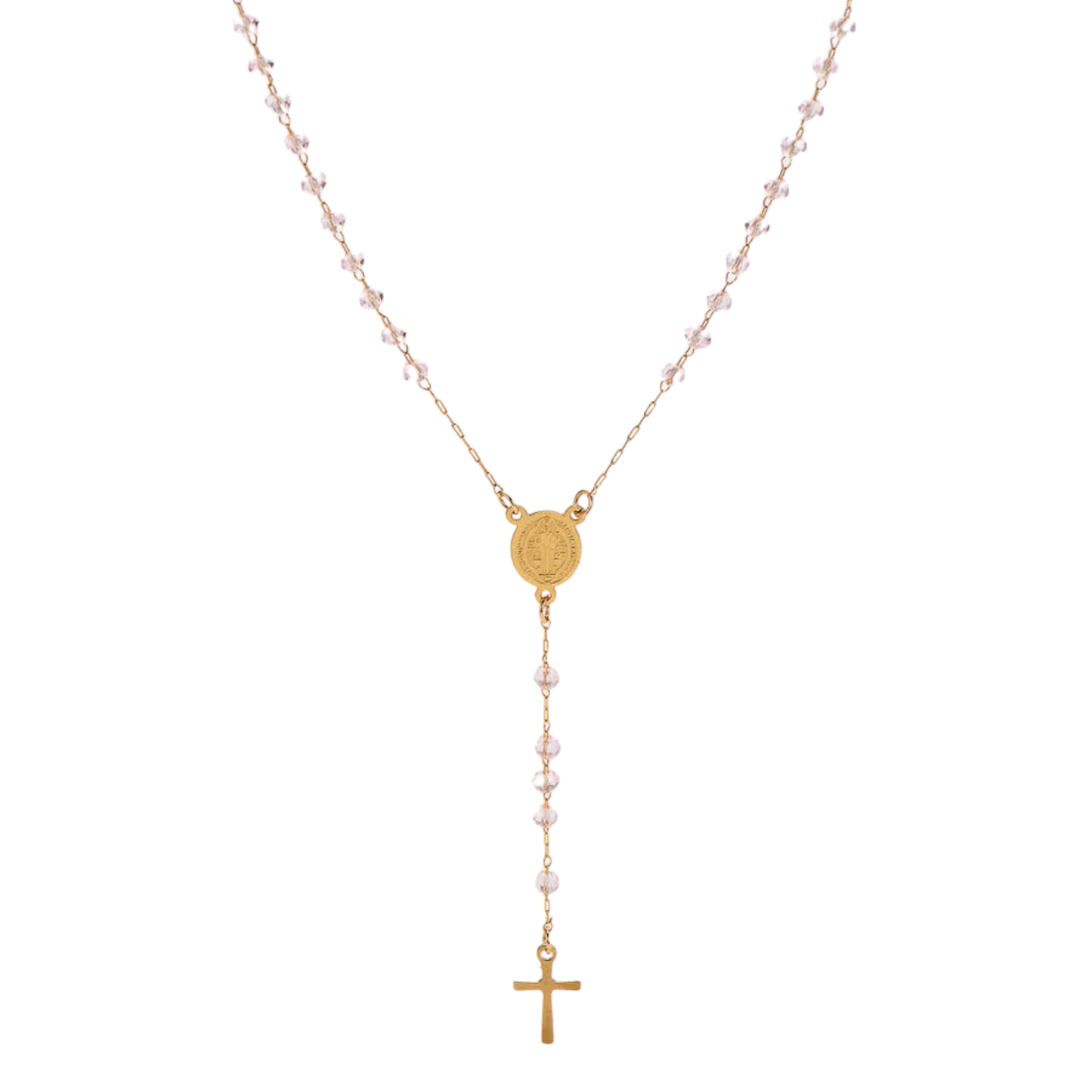 Gold St. Benedict rosary with pink acrylic beads 