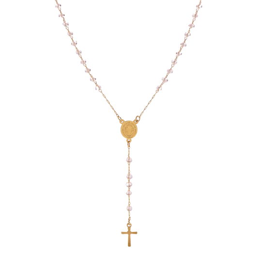 Gold St. Benedict rosary with pink acrylic beads 