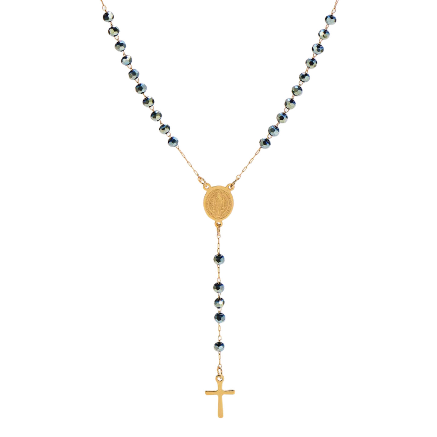 Gold St. Benedict rosary with olive green acrylic beads