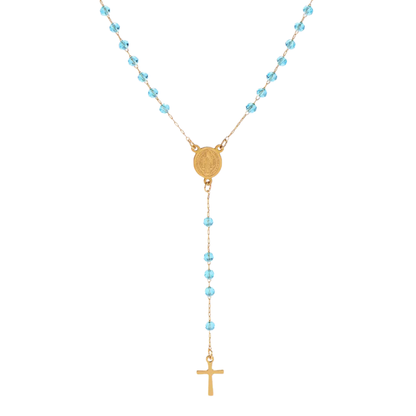 Gold St. Benedict rosary with sky blue acrylic beads 