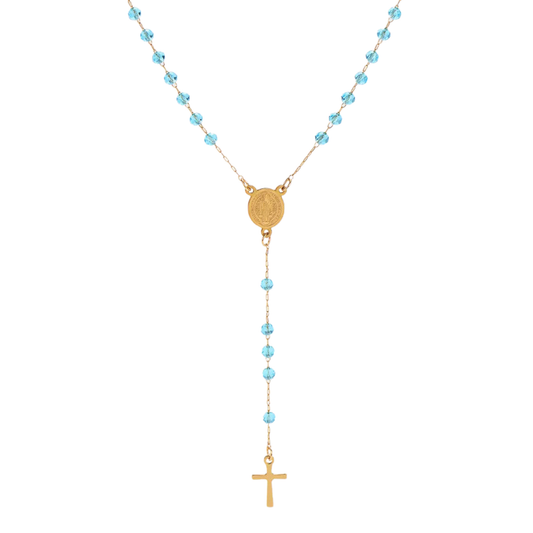 Gold St. Benedict rosary with sky blue acrylic beads 