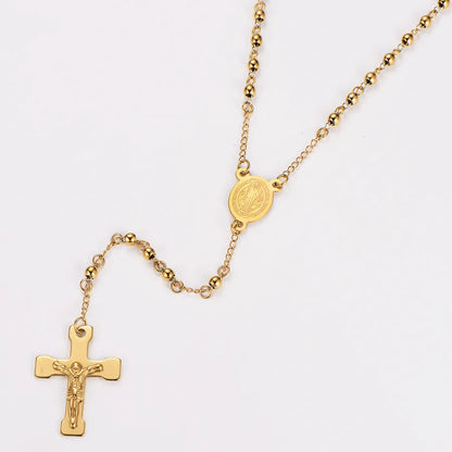 Retro Saint Benedict rosary in stainless steel - Gold beads
