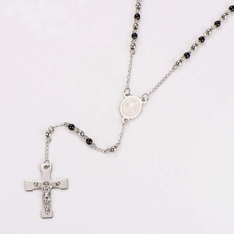 Retro Saint Benedict rosary in stainless steel - black beads