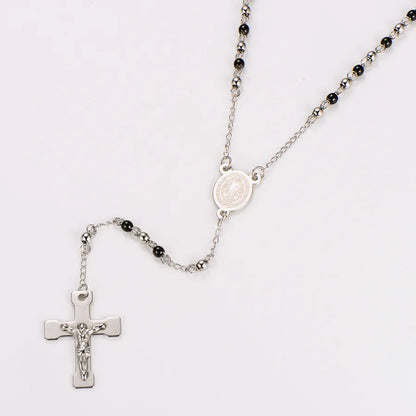 Retro Saint Benedict rosary in stainless steel - black beads