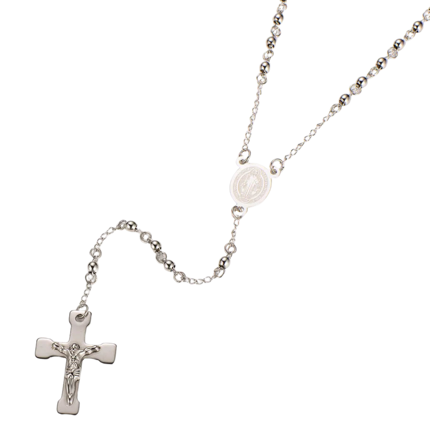 Retro Saint Benedict rosary in stainless steel - Silver beads 