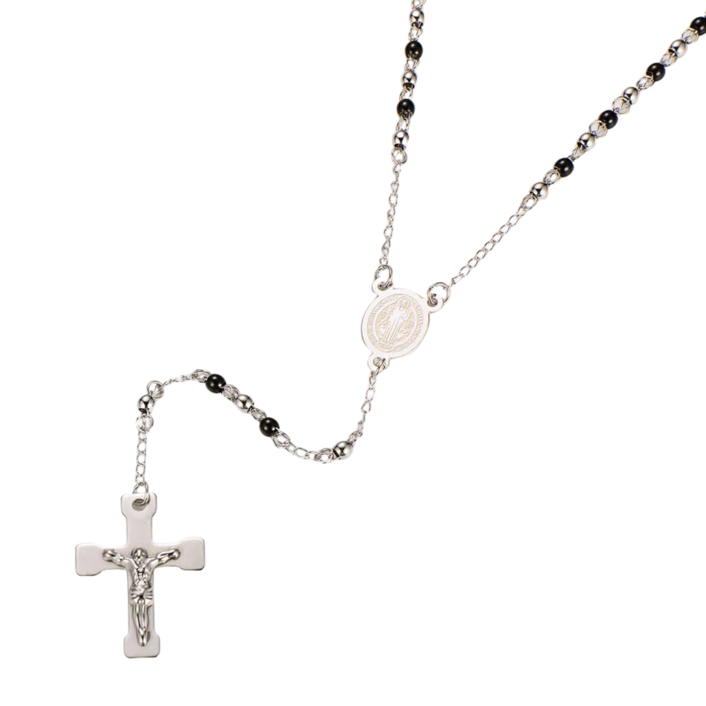 Retro Saint Benedict rosary in stainless steel - black beads
