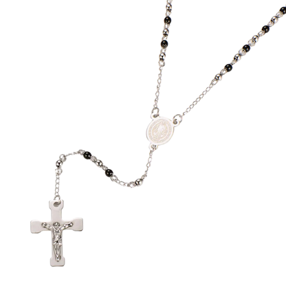 Retro Saint Benedict rosary in stainless steel - black beads