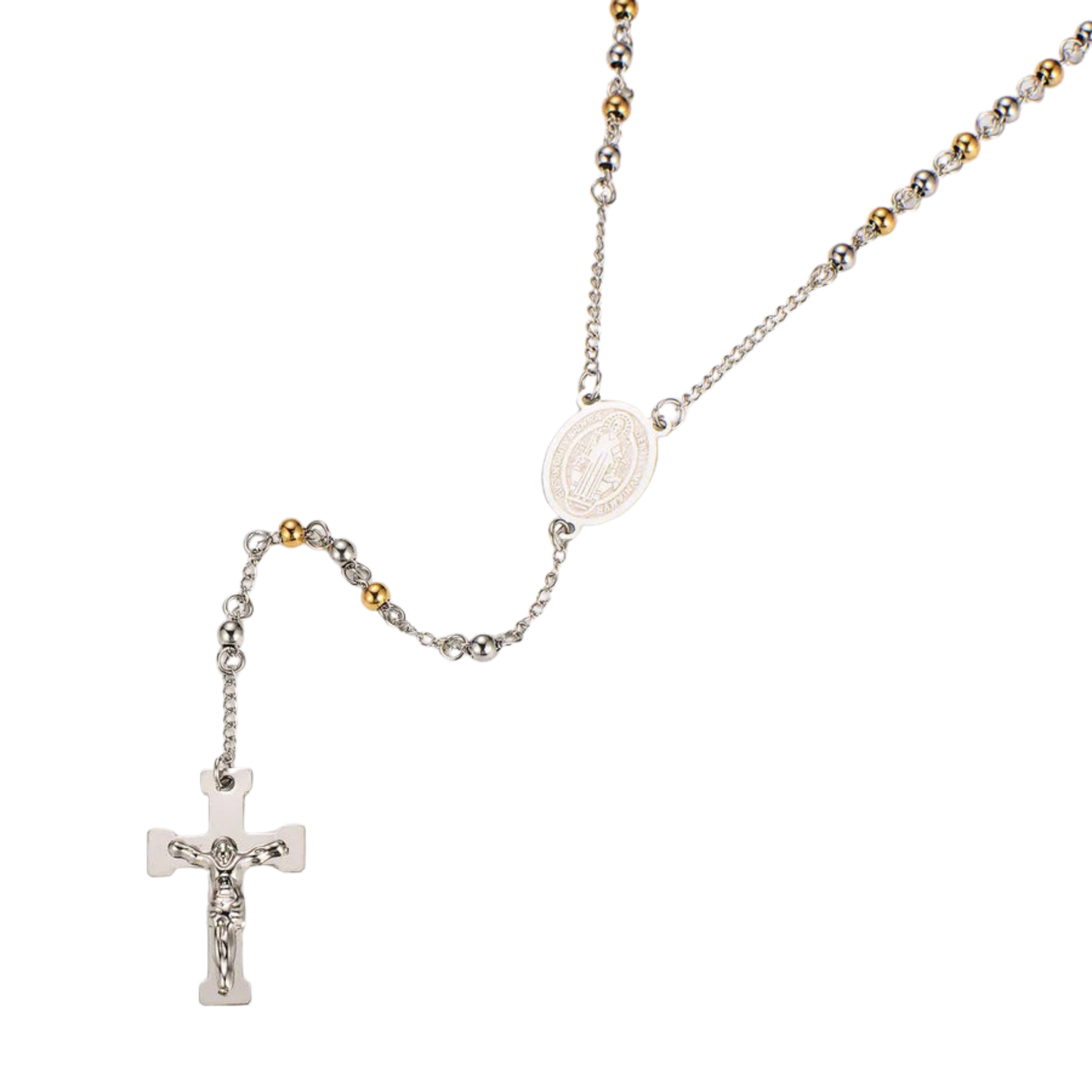 Retro Saint Benedict rosary in stainless steel - Silgold beads 