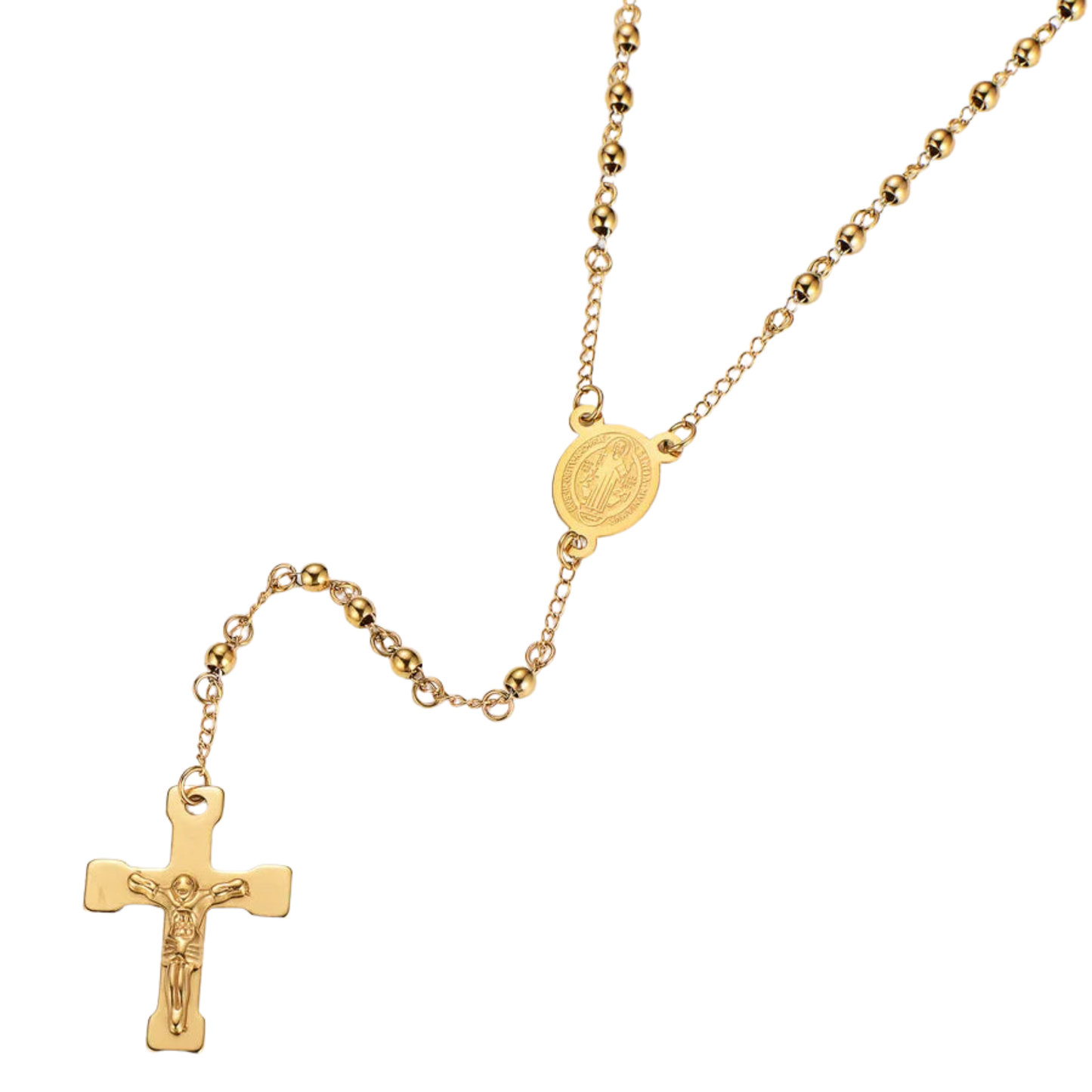 Retro Saint Benedict rosary in stainless steel - Gold beads