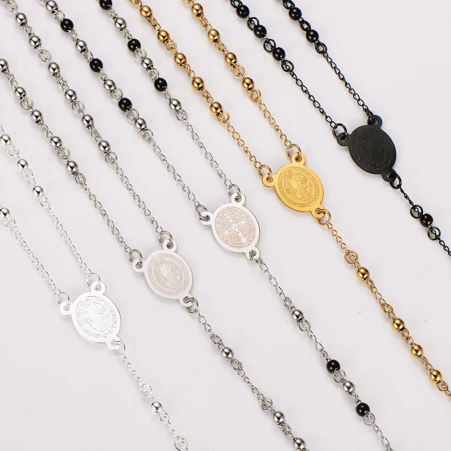 Retro Saint Benedict rosary in stainless steel - Silgold beads 