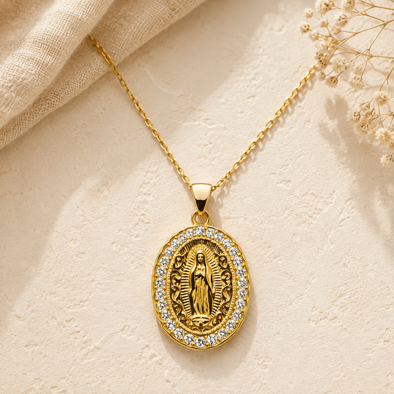 Virgin of Guadalupe necklace with sparkling cubic zirconia and elegant design 