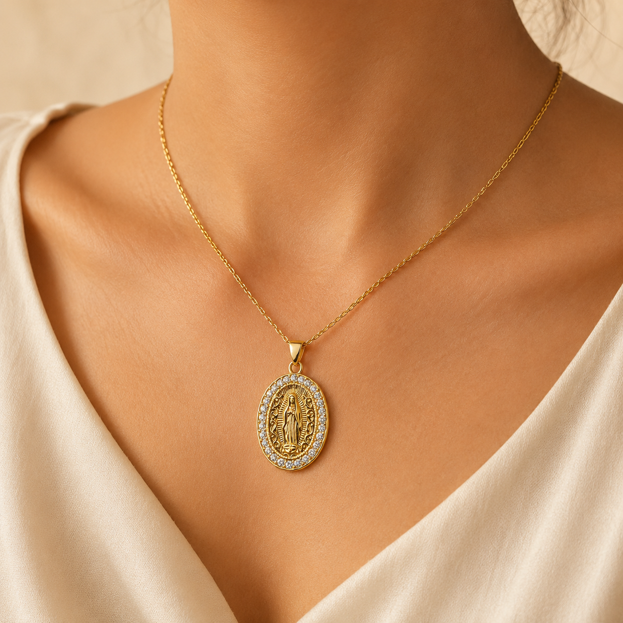 Virgin of Guadalupe necklace with sparkling cubic zirconia and elegant design 