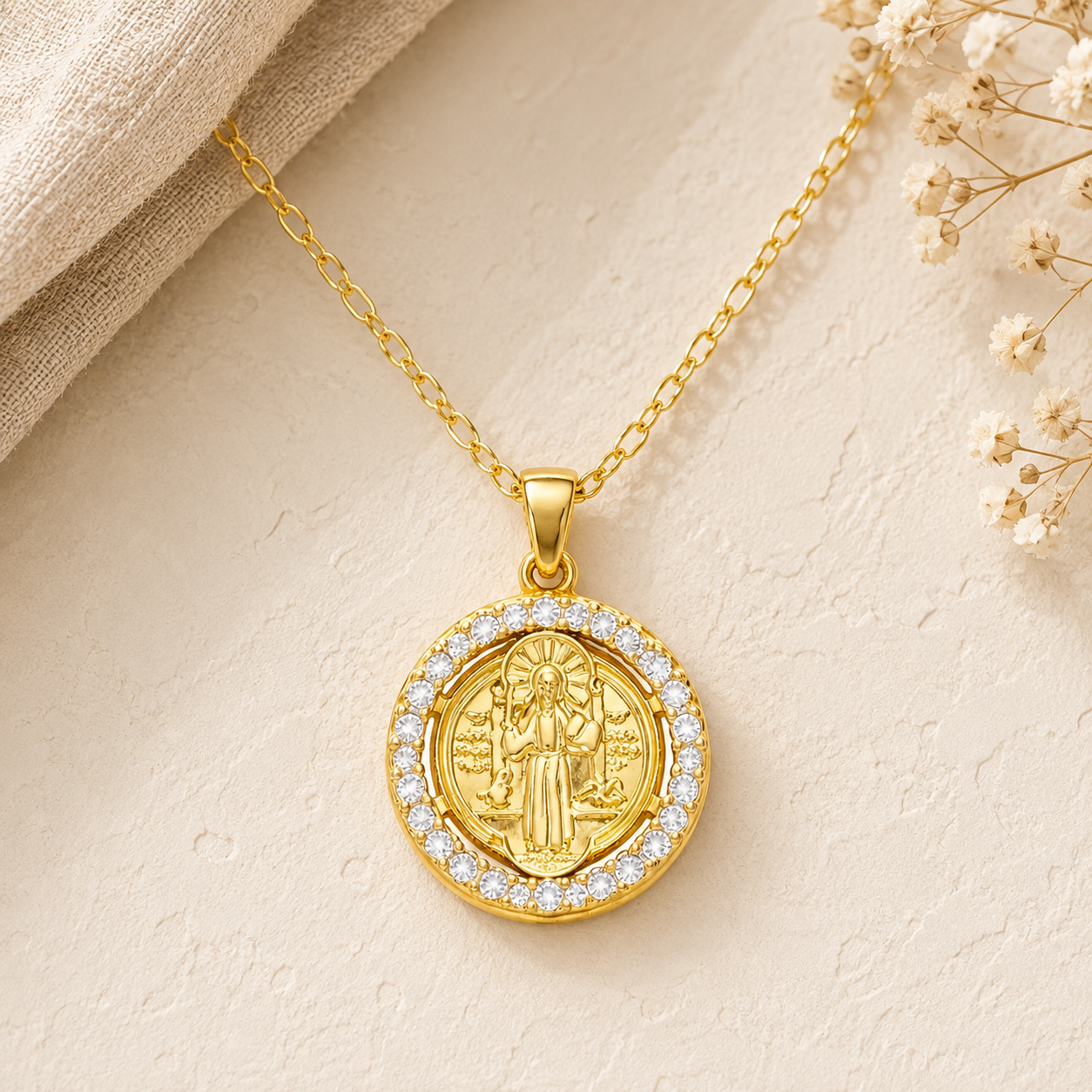 Saint Benedict Abbot religious necklace with sparkling cubic zirconia and elegant design 