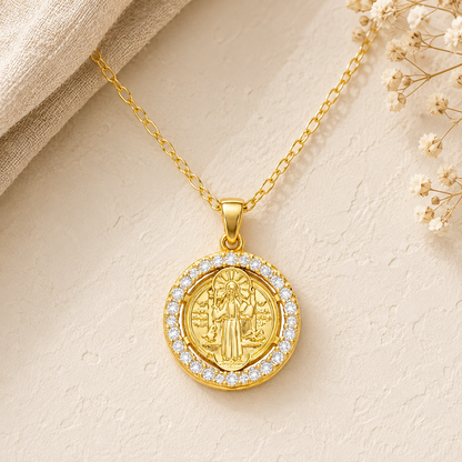 Saint Benedict Abbot religious necklace with sparkling cubic zirconia and elegant design 