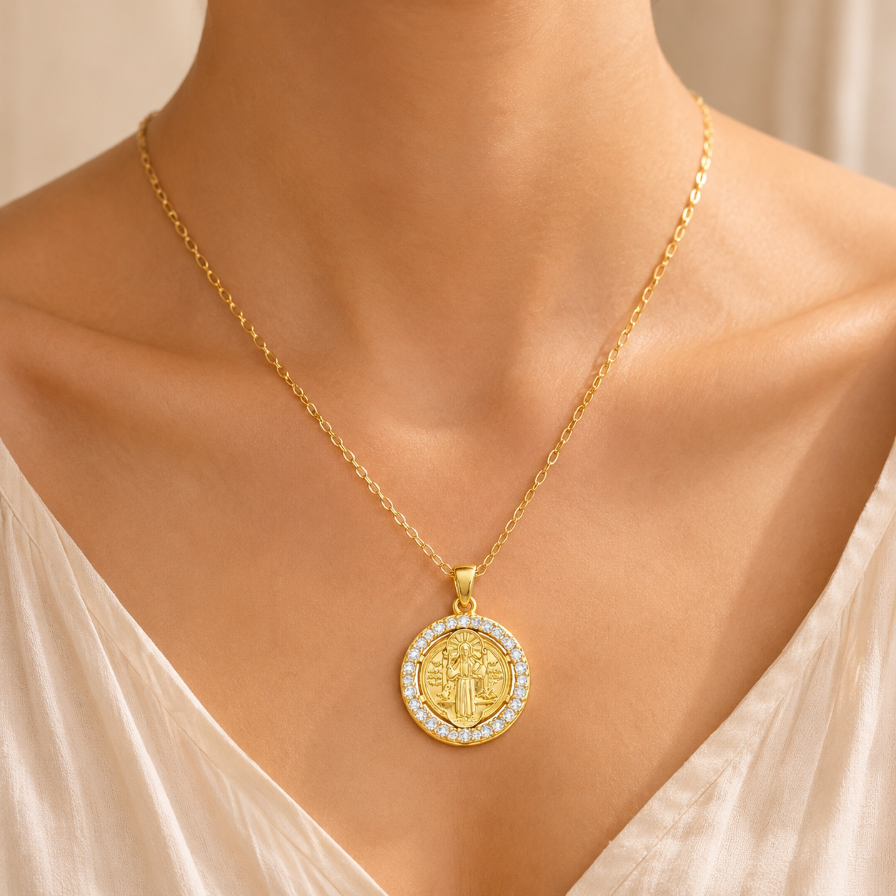 Saint Benedict Abbot religious necklace with sparkling cubic zirconia and elegant design 