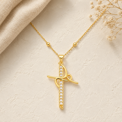 Gold religious necklace with glitter line cross and elegant design